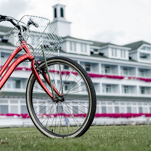 A red bicycle with a front basket is parked on a grassy lawn in front of a large white building adorned with pink flowers under cloudy skies.