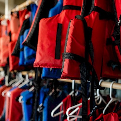 This image shows red and blue life jackets hanging on hangers in a storage area, lined up neatly on a rack.