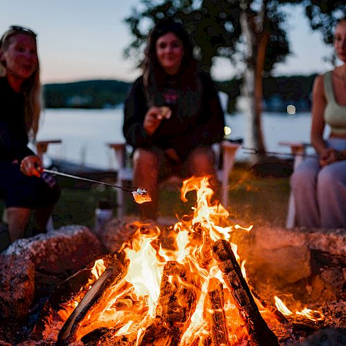 A group of people sits around a campfire in the evening, roasting marshmallows and relaxing on outdoor chairs.