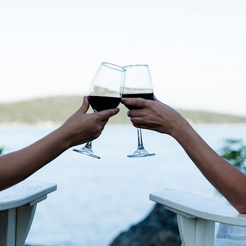 Two people clink wine glasses while seated outdoors with a scenic view of water and distant hills in the background.