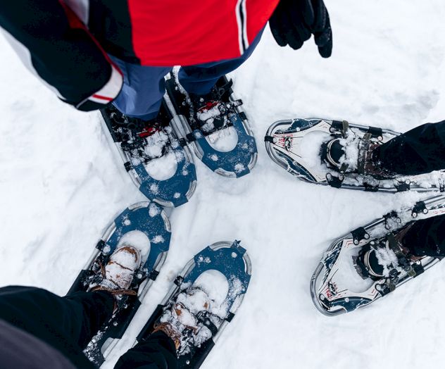 Three individuals are standing on snow, wearing snowshoes.