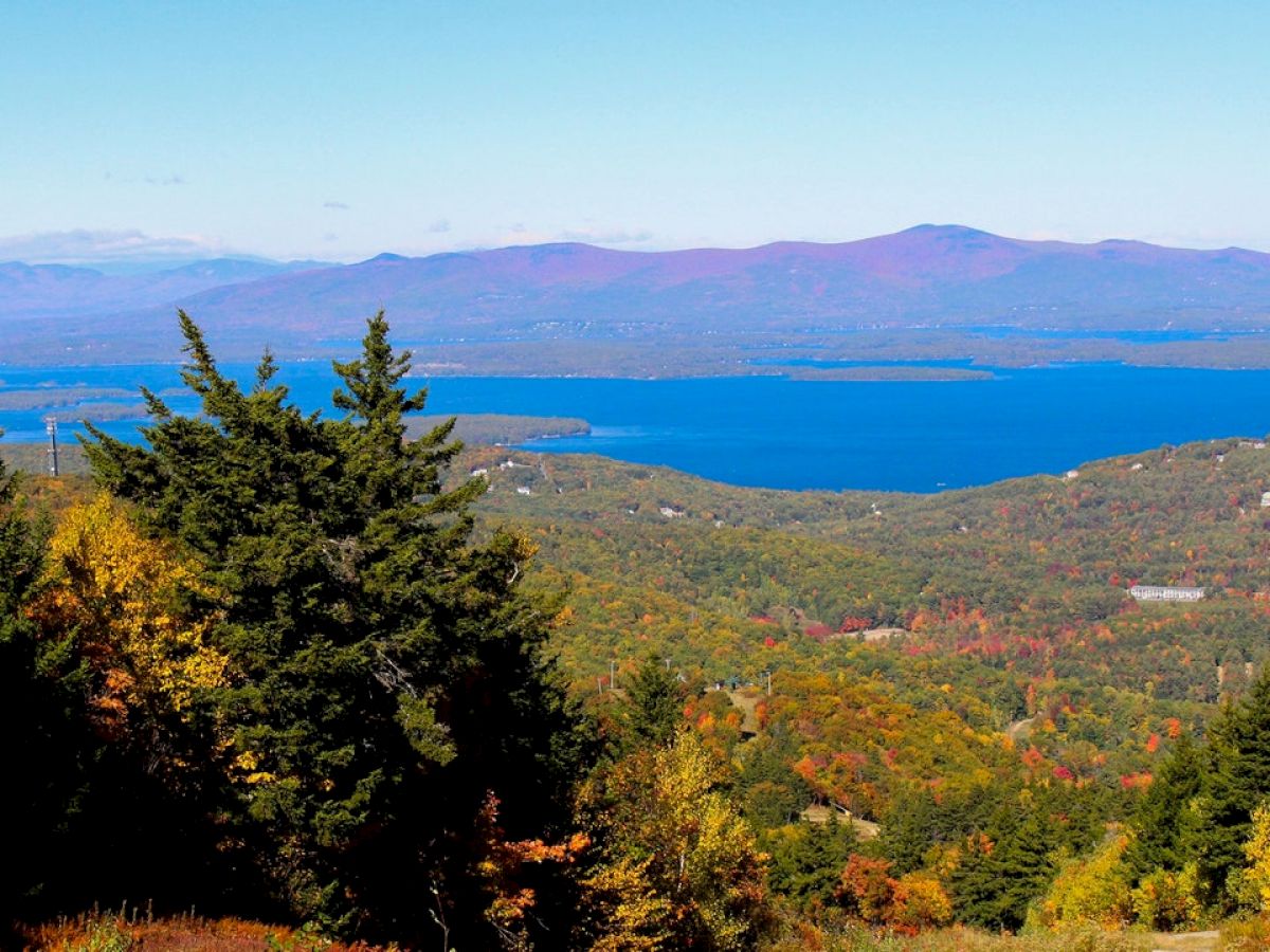 A scenic view featuring a lake surrounded by forested hills with autumn foliage, and mountains in the background under a clear blue sky.