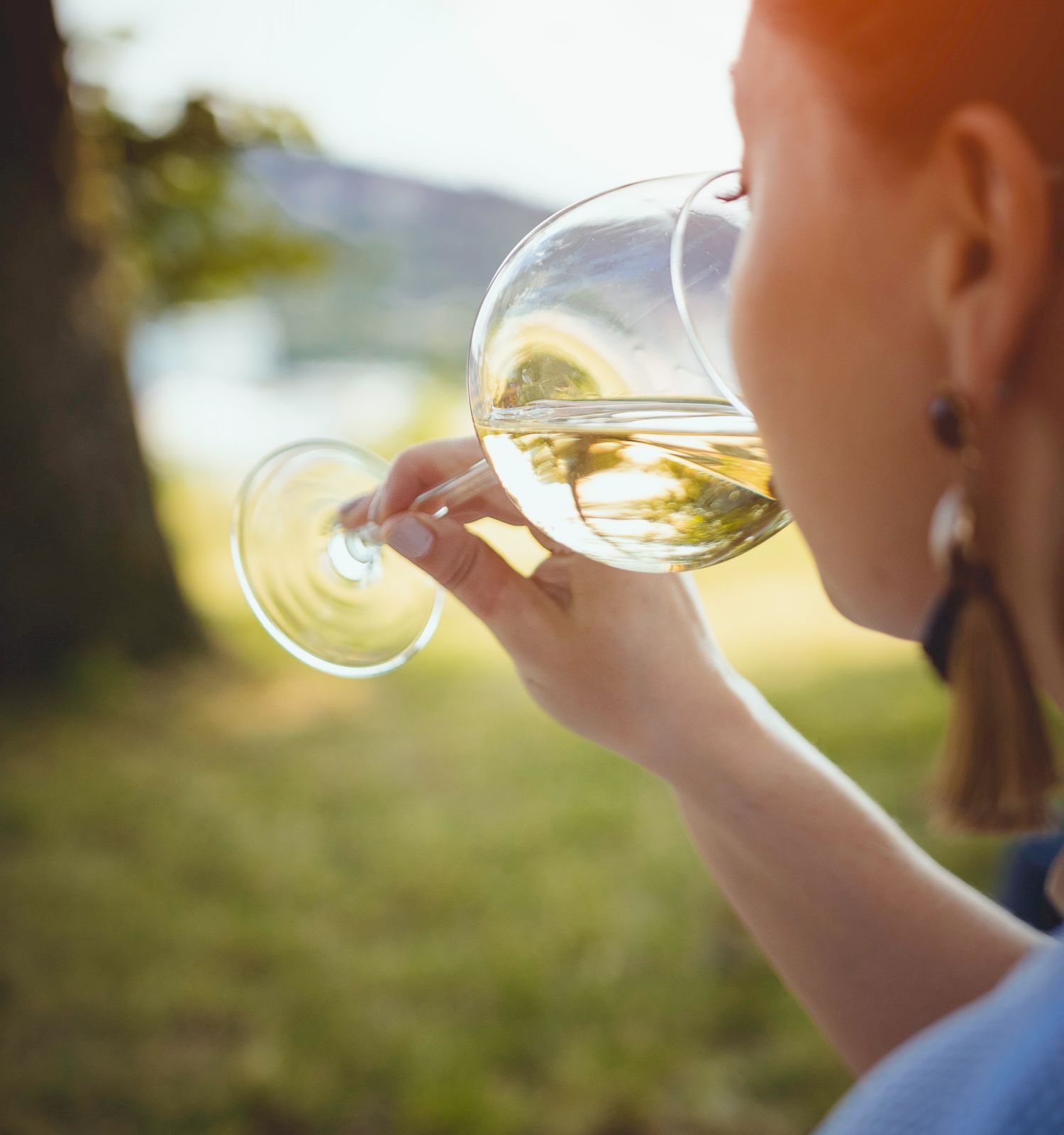 A person is enjoying a glass of white wine outdoors, near a tree, with a serene view in the background, on a sunny day.