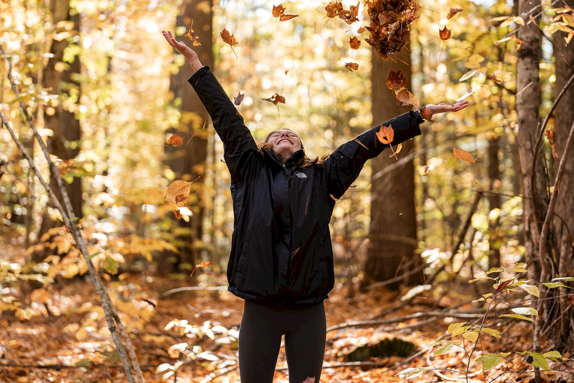 A person joyfully tosses autumn leaves into the air while standing in a sunlit forest with colorful foliage surrounding them.