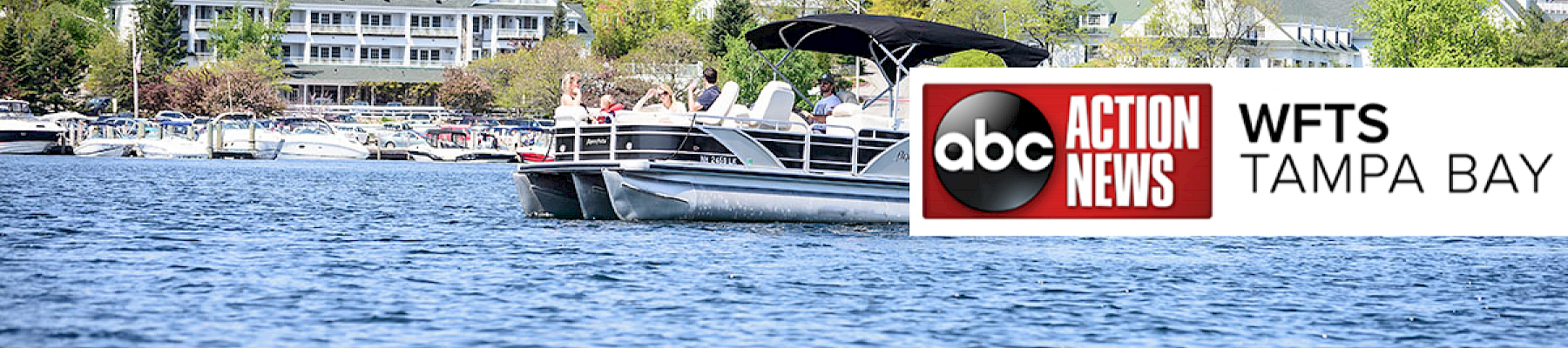 A serene lake scene with boats, houses, and a church against a backdrop of trees, overlaid by an ABC Action News WFTS Tampa Bay logo and text.