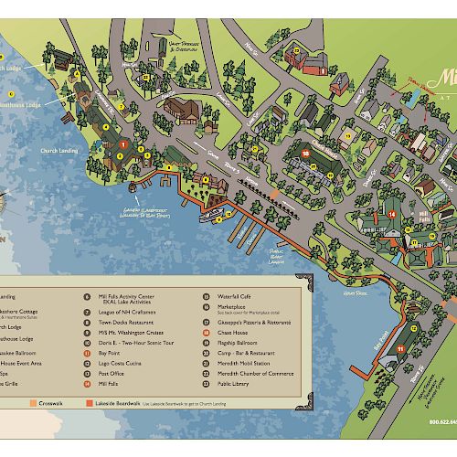 This image is a detailed map of the Mill Falls resort area, including key locations such as the church landing, marketplace shops, and lakeside routes.