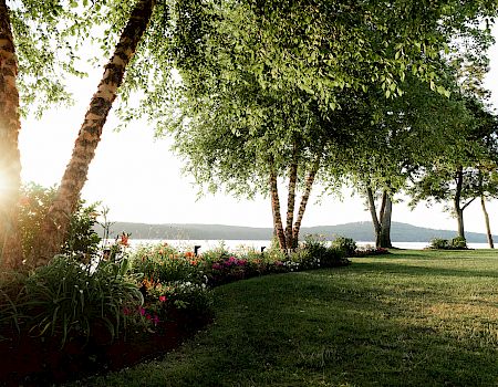 A scenic view of a garden with lush greenery, blooming flowers, and trees, overlooking a calm body of water at sunset.