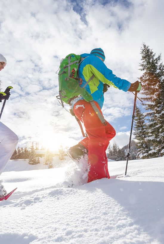 Two people are snowshoeing in a snowy landscape, surrounded by trees and mountains, under a bright winter sky.