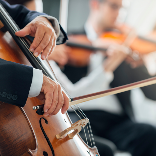 The image shows musicians dressed formally, playing string instruments including a cello and violins, possibly during a concert or a formal music event.