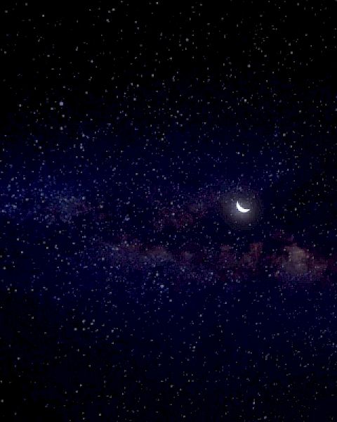 The image shows a night sky filled with stars, with a crescent moon and a dense star cluster or Milky Way-like band across the center.