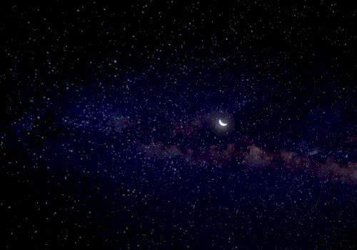 The image shows a night sky filled with stars, with a crescent moon and a dense star cluster or Milky Way-like band across the center.