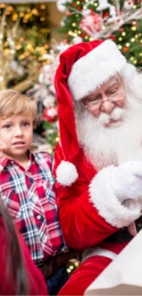 A person in a Santa costume is surrounded by children, holding a list. A decorated Christmas tree is in the background.