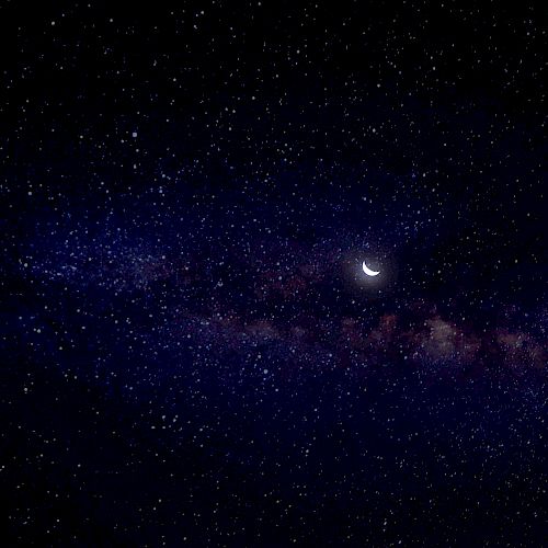 A starry night sky with a crescent moon and a hint of the Milky Way galaxy.