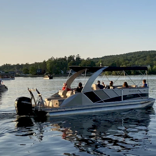 A pontoon boat with several people is on a calm body of water, with trees and another boat in the background, under a clear sky.