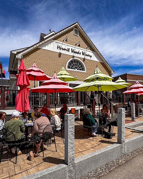 People dining outside a winery with colorful umbrellas and clear skies in the background.