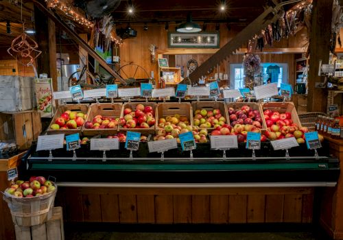 A rustic market display featuring various types of apples in wooden crates, with labels and decor in the background.