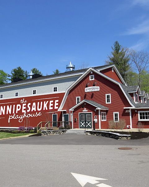 A red building labeled 