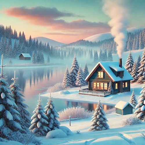 A cozy cabin with smoke rising from the chimney sits by a snowy lake surrounded by pine trees, under a colorful sunset sky.